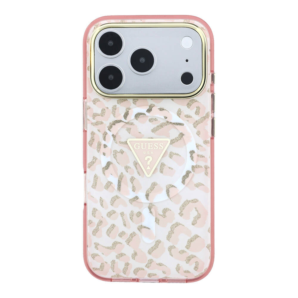 Apple iPhone 18 Pro Max Kılıf Guess Orjinal Lisanslı M-safe Şarj Özellikli Üçgen Logolu Simli Leopar Desenli Kapak - 19