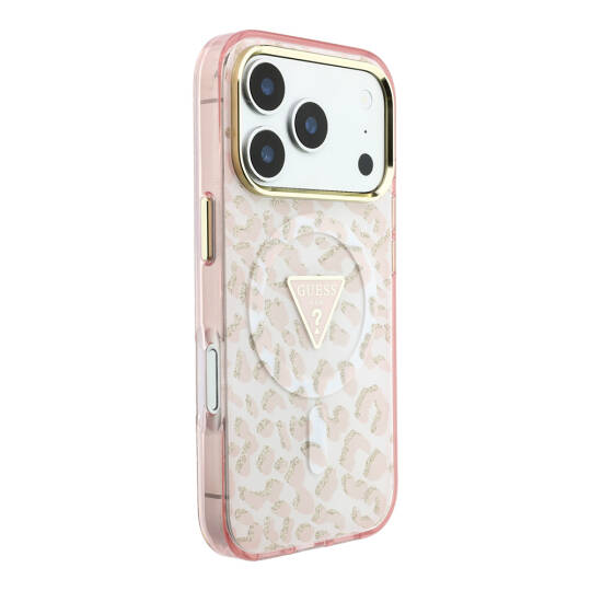 Apple iPhone 18 Pro Max Kılıf Guess Orjinal Lisanslı M-safe Şarj Özellikli Üçgen Logolu Simli Leopar Desenli Kapak - 20