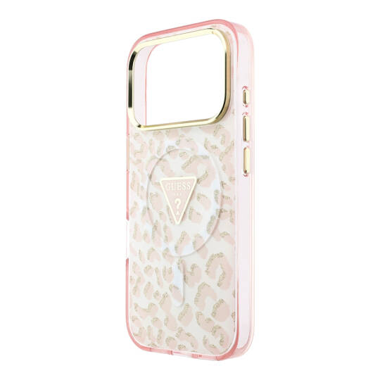 Apple iPhone 18 Pro Max Kılıf Guess Orjinal Lisanslı M-safe Şarj Özellikli Üçgen Logolu Simli Leopar Desenli Kapak - 22