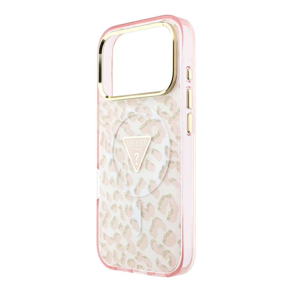 Apple iPhone 18 Pro Max Kılıf Guess Orjinal Lisanslı M-safe Şarj Özellikli Üçgen Logolu Simli Leopar Desenli Kapak - 22