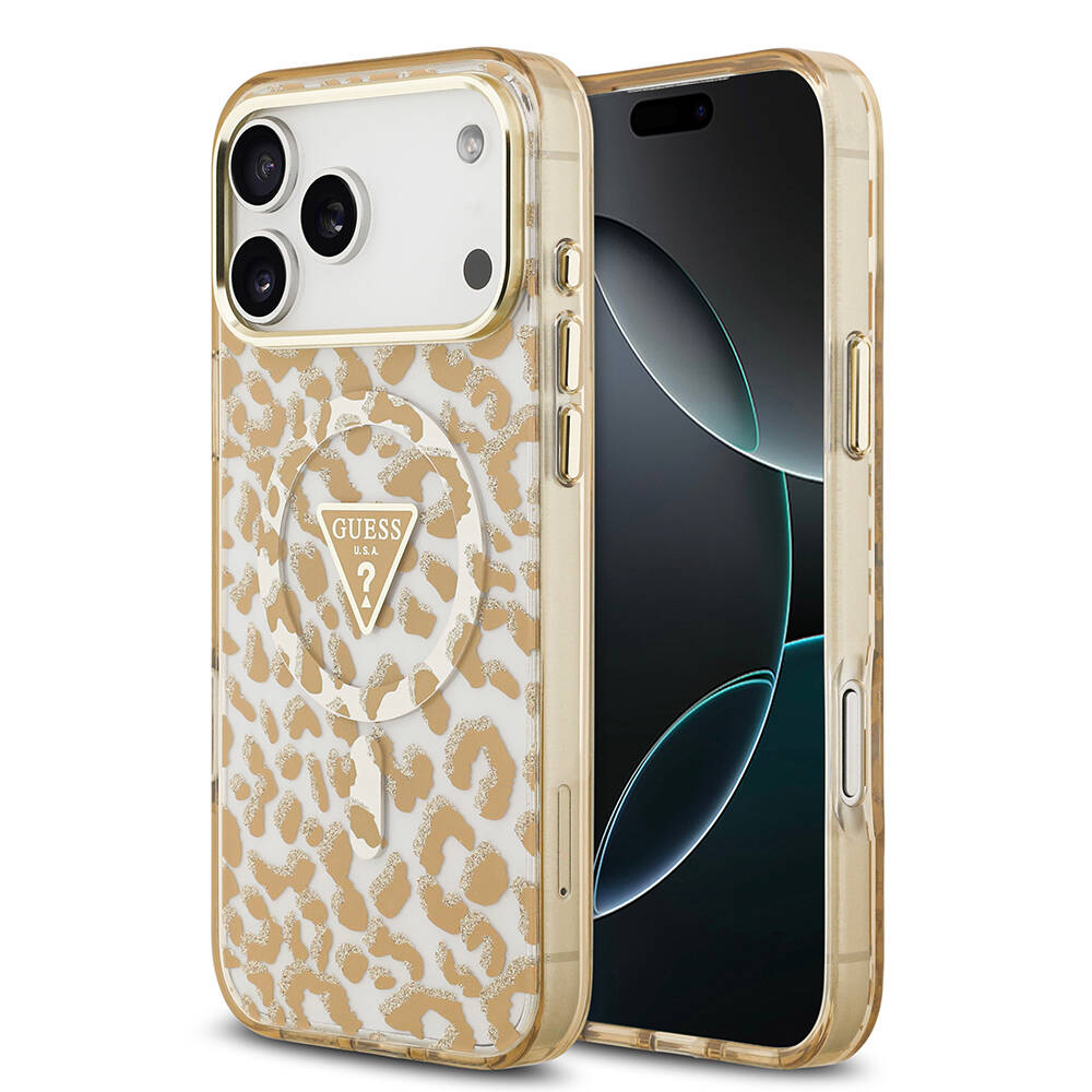 Apple iPhone 18 Pro Max Kılıf Guess Orjinal Lisanslı M-safe Şarj Özellikli Üçgen Logolu Simli Leopar Desenli Kapak - 9