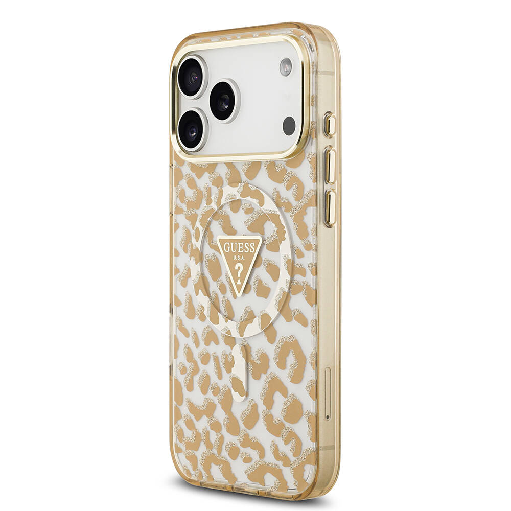 Apple iPhone 18 Pro Max Kılıf Guess Orjinal Lisanslı M-safe Şarj Özellikli Üçgen Logolu Simli Leopar Desenli Kapak - 10