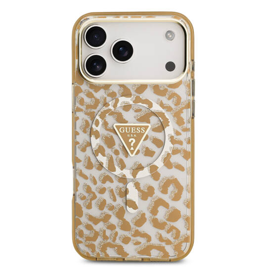 Apple iPhone 18 Pro Max Kılıf Guess Orjinal Lisanslı M-safe Şarj Özellikli Üçgen Logolu Simli Leopar Desenli Kapak - 11