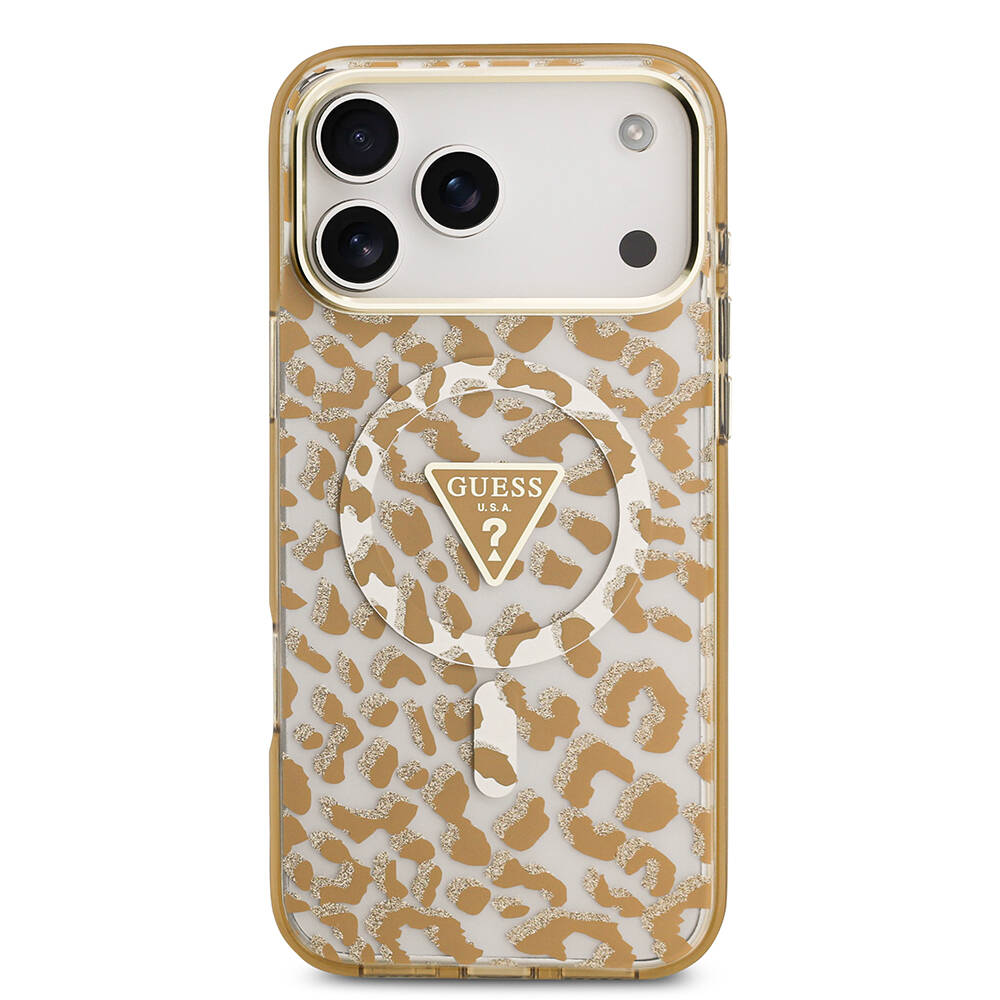 Apple iPhone 18 Pro Max Kılıf Guess Orjinal Lisanslı M-safe Şarj Özellikli Üçgen Logolu Simli Leopar Desenli Kapak - 11