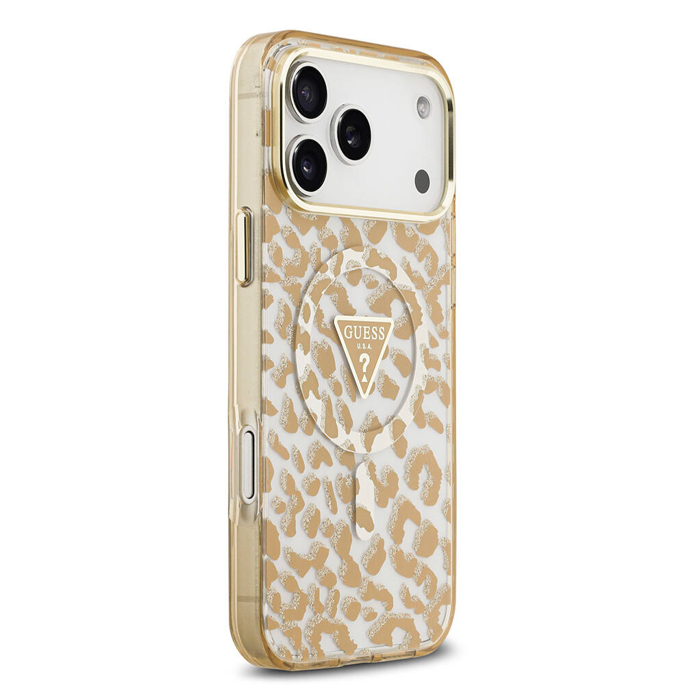 Apple iPhone 18 Pro Max Kılıf Guess Orjinal Lisanslı M-safe Şarj Özellikli Üçgen Logolu Simli Leopar Desenli Kapak - 12
