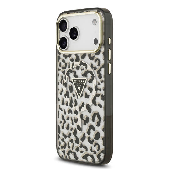 Apple iPhone 18 Pro Max Kılıf Guess Orjinal Lisanslı M-safe Şarj Özellikli Üçgen Logolu Simli Leopar Desenli Kapak - 2