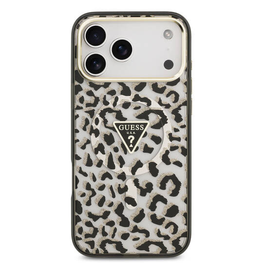 Apple iPhone 18 Pro Max Kılıf Guess Orjinal Lisanslı M-safe Şarj Özellikli Üçgen Logolu Simli Leopar Desenli Kapak - 3