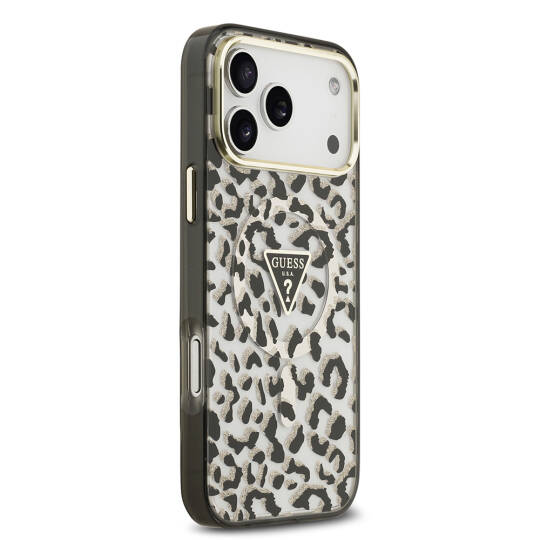 Apple iPhone 18 Pro Max Kılıf Guess Orjinal Lisanslı M-safe Şarj Özellikli Üçgen Logolu Simli Leopar Desenli Kapak - 4