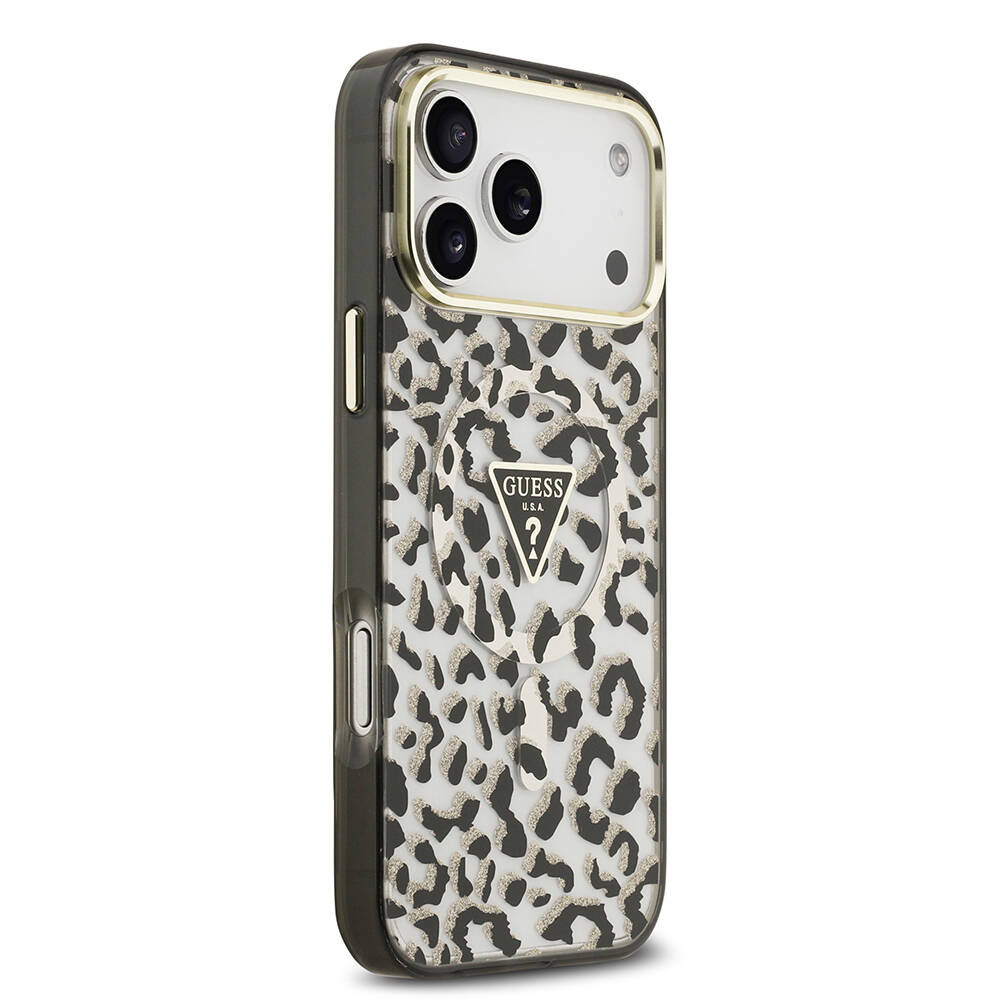 Apple iPhone 18 Pro Max Kılıf Guess Orjinal Lisanslı M-safe Şarj Özellikli Üçgen Logolu Simli Leopar Desenli Kapak - 4