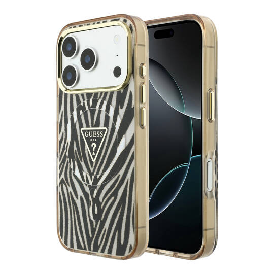 Apple iPhone 18 Pro Max Kılıf Guess Orjinal Lisanslı M-safe Şarj Özellikli Üçgen Logolu Zebra Desenli Silikon Kapak - 9