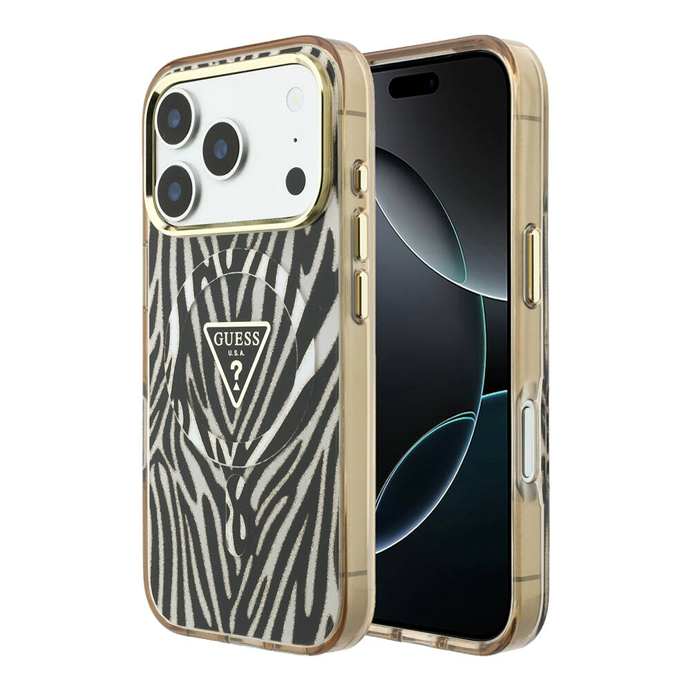 Apple iPhone 18 Pro Max Kılıf Guess Orjinal Lisanslı M-safe Şarj Özellikli Üçgen Logolu Zebra Desenli Silikon Kapak - 9