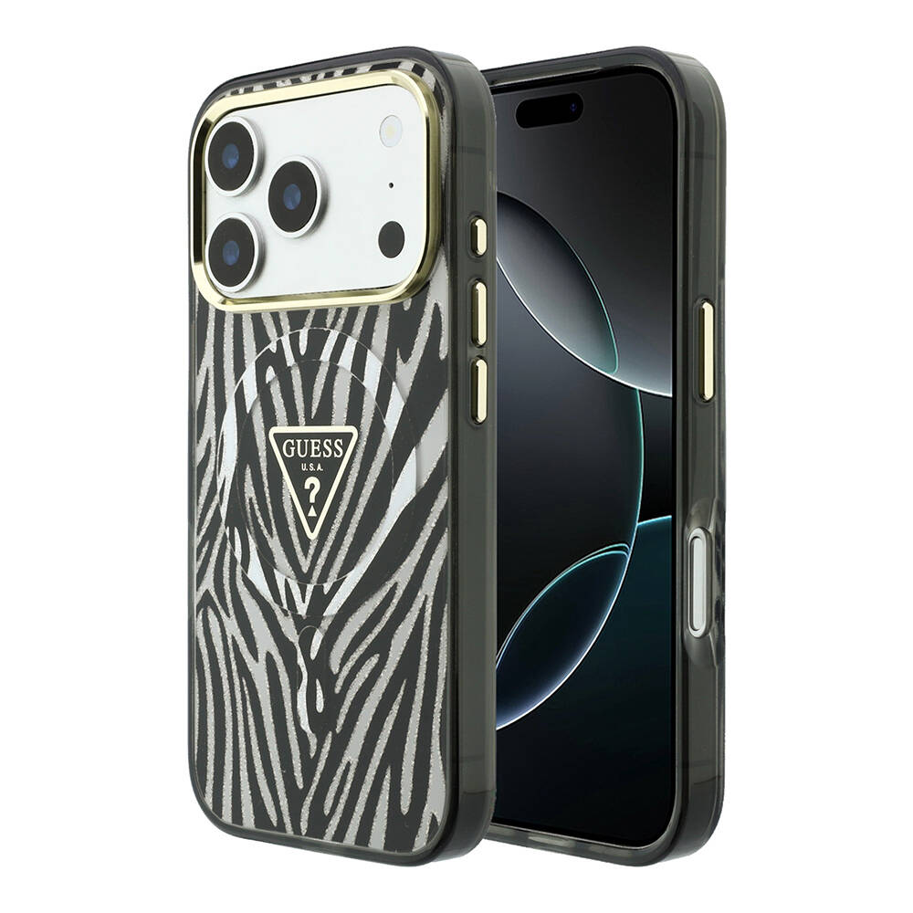 Apple iPhone 18 Pro Max Kılıf Guess Orjinal Lisanslı M-safe Şarj Özellikli Üçgen Logolu Zebra Desenli Silikon Kapak - 1