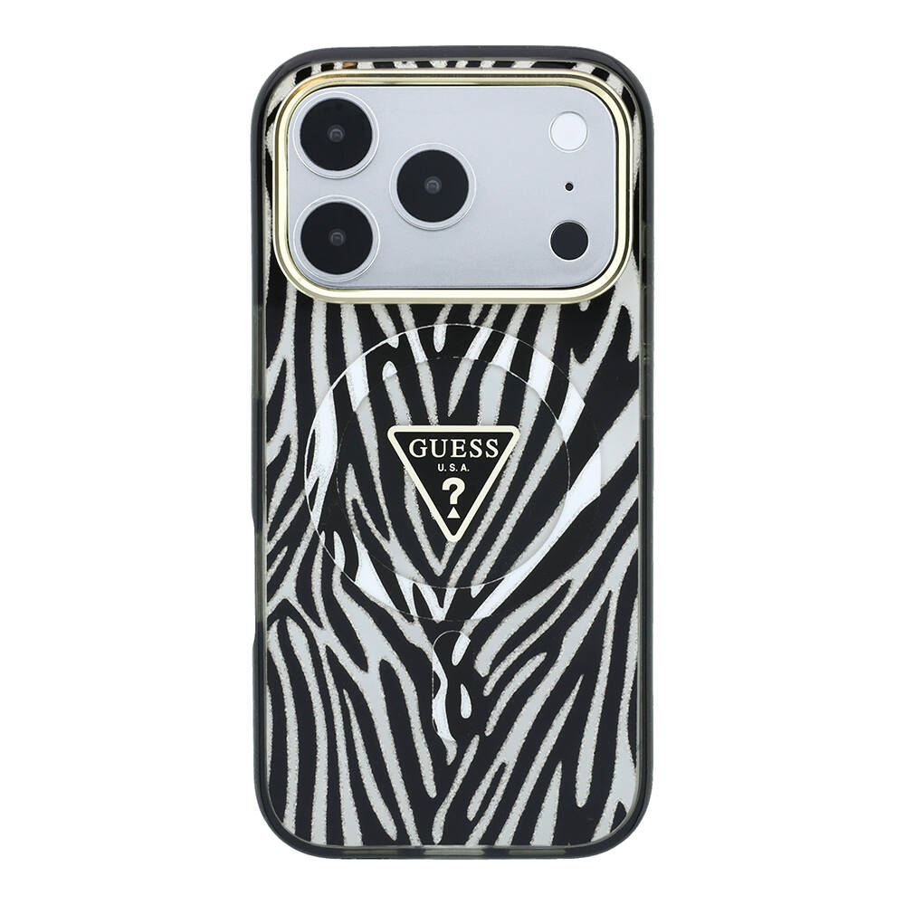 Apple iPhone 18 Pro Max Kılıf Guess Orjinal Lisanslı M-safe Şarj Özellikli Üçgen Logolu Zebra Desenli Silikon Kapak - 3
