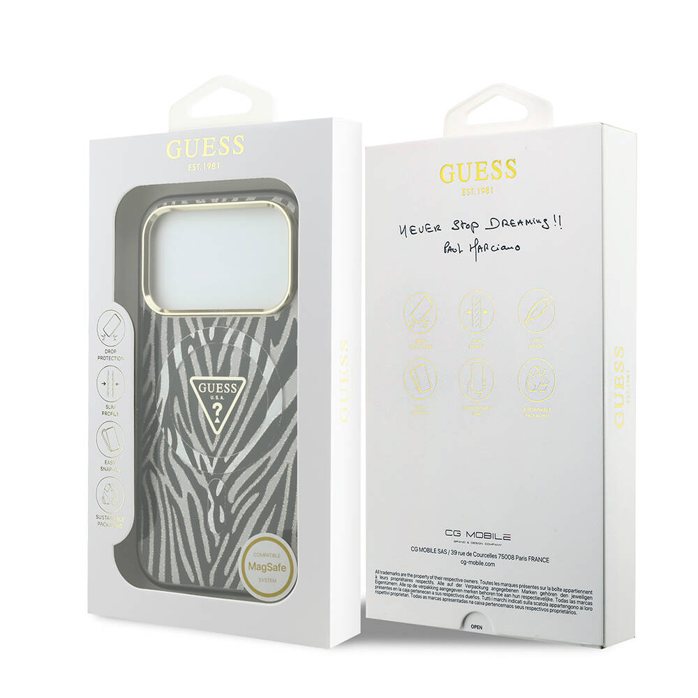 Apple iPhone 18 Pro Max Kılıf Guess Orjinal Lisanslı M-safe Şarj Özellikli Üçgen Logolu Zebra Desenli Silikon Kapak - 8