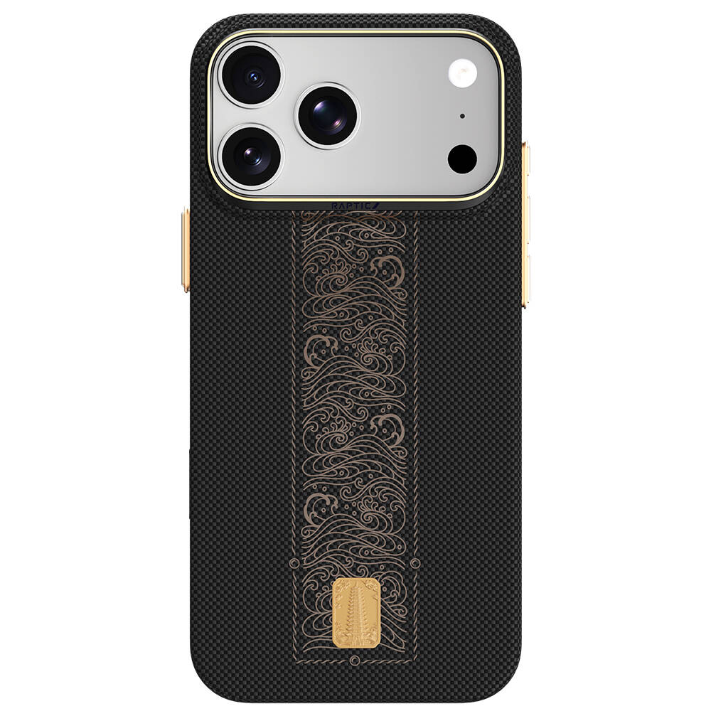 Apple iPhone 18 Pro Max Kılıf M-safe Şarj Özellikli Raptic Aramid Skin Rise Serisi 24 Ayar Altın Kaplamalı Karbon Kapak - 5