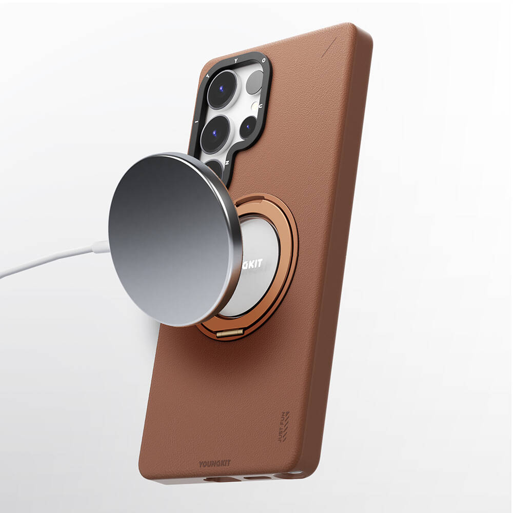 Galaxy S25 Ultra Kılıf M-safe Şarj Özellikli 360° Standlı Basit Mat Deri Desenli Youngkit Tech Leather Serisi Kapak - 12