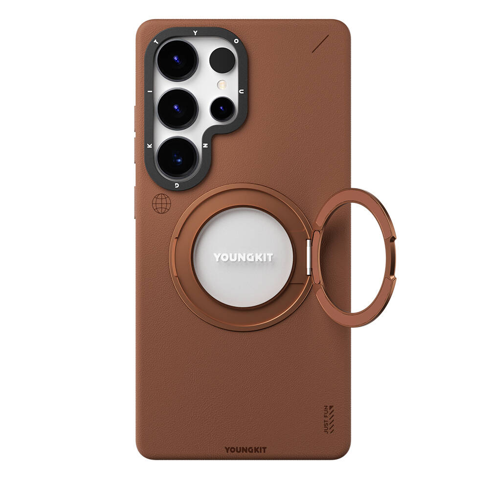 Galaxy S25 Ultra Kılıf M-safe Şarj Özellikli 360° Standlı Basit Mat Deri Desenli Youngkit Tech Leather Serisi Kapak - 1