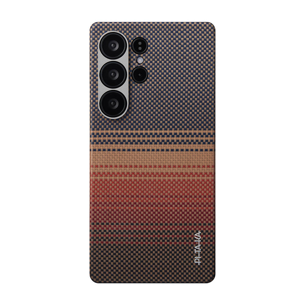 Galaxy S25 Ultra Kılıf M-safe Şarj Özellikli Aramid Karbon Fiber Pitaka Tactile Woven Sunset-Moonrise Serisi Kapak - 1