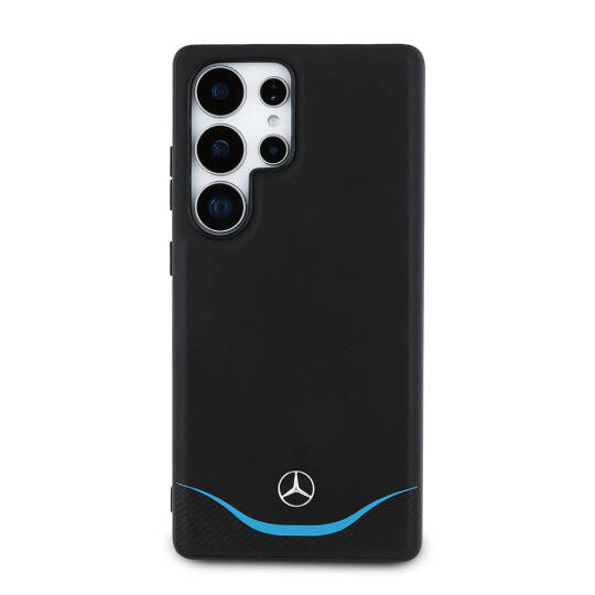 Galaxy S25 Ultra Kılıf Mercedes Benz Orjinal Lisanslı M-safe Şarj Özellikli 3D Metal Logolu Mavi Yatay Eğri Çizgili Deri Kapak - 2
