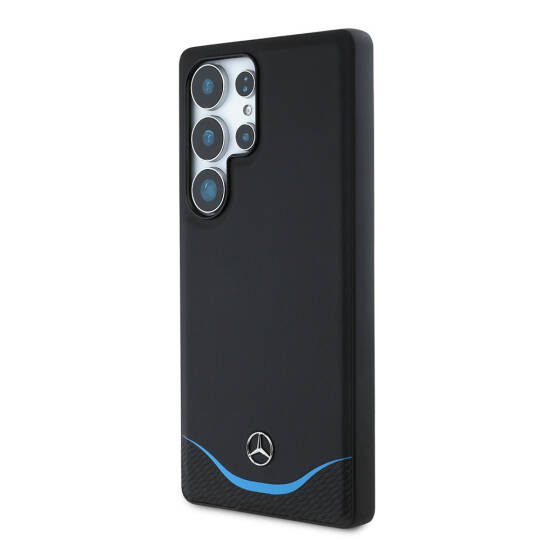Galaxy S25 Ultra Kılıf Mercedes Benz Orjinal Lisanslı M-safe Şarj Özellikli 3D Metal Logolu Mavi Yatay Eğri Çizgili Deri Kapak - 3