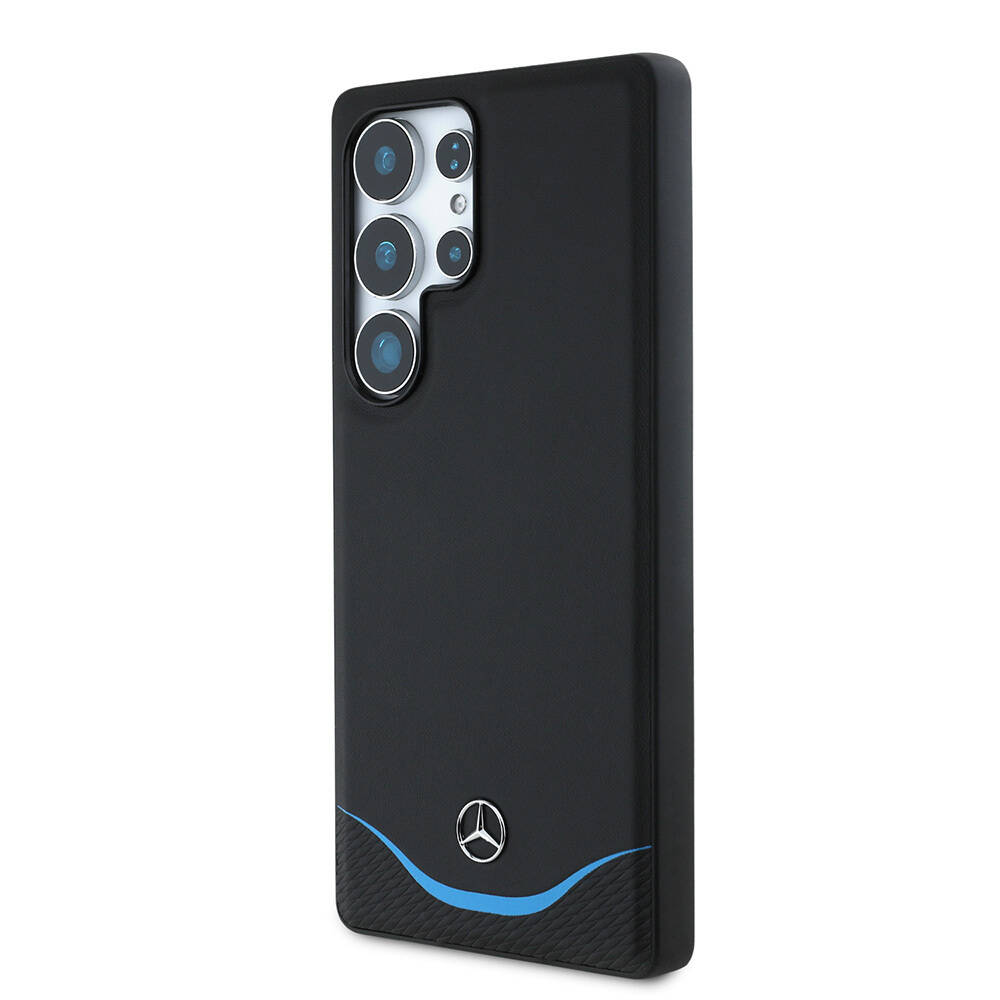 Galaxy S25 Ultra Kılıf Mercedes Benz Orjinal Lisanslı M-safe Şarj Özellikli 3D Metal Logolu Mavi Yatay Eğri Çizgili Deri Kapak - 3