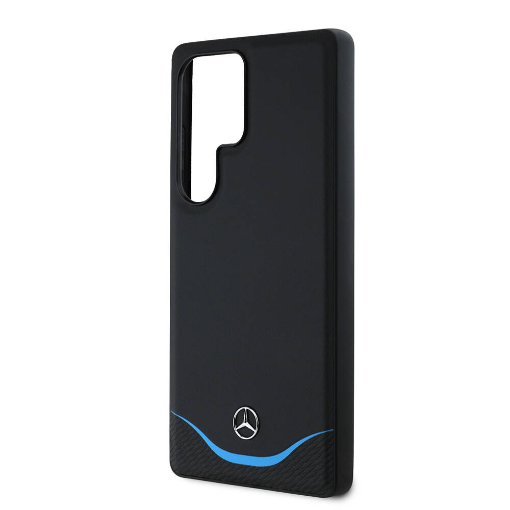 Galaxy S25 Ultra Kılıf Mercedes Benz Orjinal Lisanslı M-safe Şarj Özellikli 3D Metal Logolu Mavi Yatay Eğri Çizgili Deri Kapak - 5