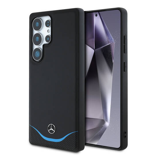 Galaxy S25 Ultra Kılıf Mercedes Benz Orjinal Lisanslı M-safe Şarj Özellikli 3D Metal Logolu Mavi Yatay Eğri Çizgili Deri Kapak - 8