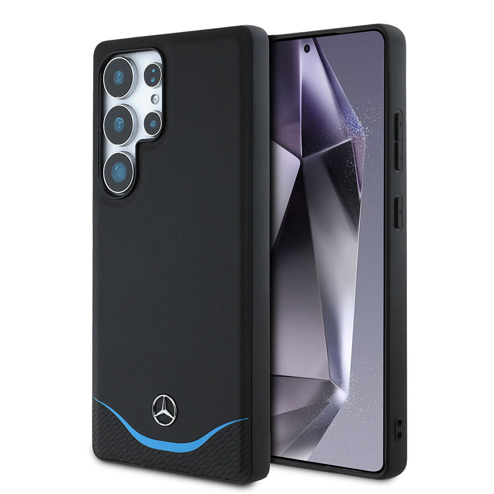 Galaxy S25 Ultra Kılıf Mercedes Benz Orjinal Lisanslı M-safe Şarj Özellikli 3D Metal Logolu Mavi Yatay Eğri Çizgili Deri Kapak - 8