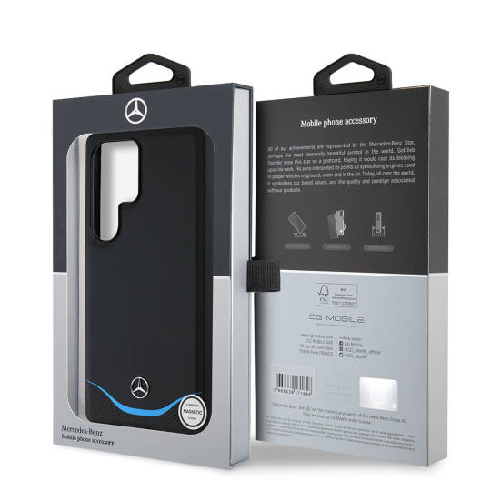 Galaxy S25 Ultra Kılıf Mercedes Benz Orjinal Lisanslı M-safe Şarj Özellikli 3D Metal Logolu Mavi Yatay Eğri Çizgili Deri Kapak - 9