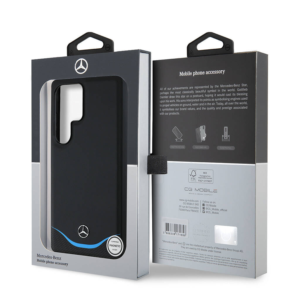 Galaxy S25 Ultra Kılıf Mercedes Benz Orjinal Lisanslı M-safe Şarj Özellikli 3D Metal Logolu Mavi Yatay Eğri Çizgili Deri Kapak - 9