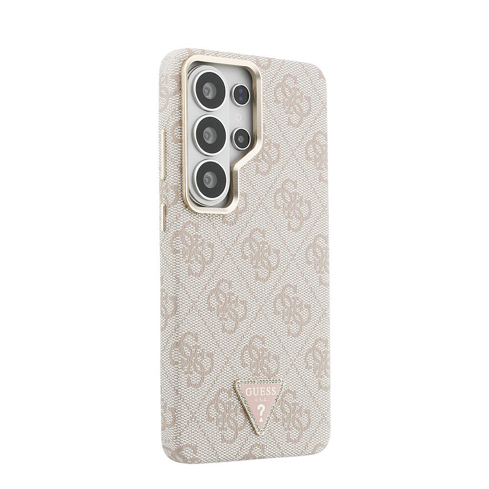 Galaxy S26 Ultra Kılıf Guess Orjinal Lisanslı M-safe Şarj Özellikli Gold Metal Kamera Çerçeveli Taşlı Üçgen Logo 4G Desenli Kapak - 12