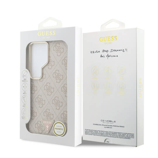 Galaxy S26 Ultra Kılıf Guess Orjinal Lisanslı M-safe Şarj Özellikli Gold Metal Kamera Çerçeveli Taşlı Üçgen Logo 4G Desenli Kapak - 16