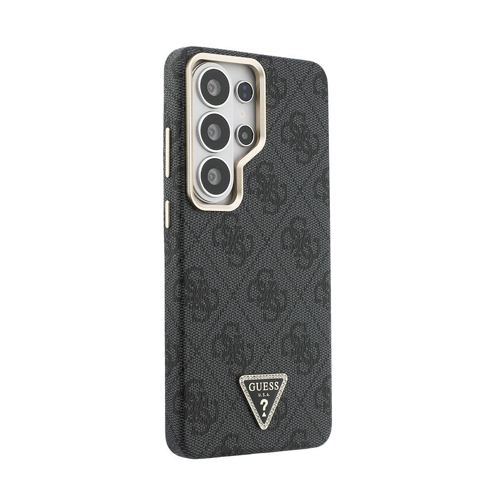 Galaxy S26 Ultra Kılıf Guess Orjinal Lisanslı M-safe Şarj Özellikli Gold Metal Kamera Çerçeveli Taşlı Üçgen Logo 4G Desenli Kapak - 4