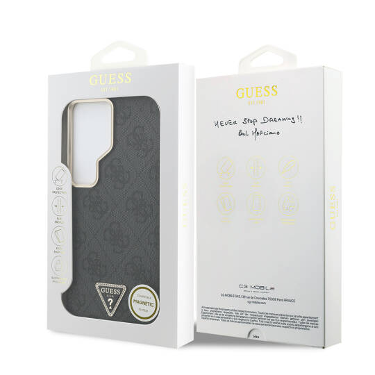 Galaxy S26 Ultra Kılıf Guess Orjinal Lisanslı M-safe Şarj Özellikli Gold Metal Kamera Çerçeveli Taşlı Üçgen Logo 4G Desenli Kapak - 8