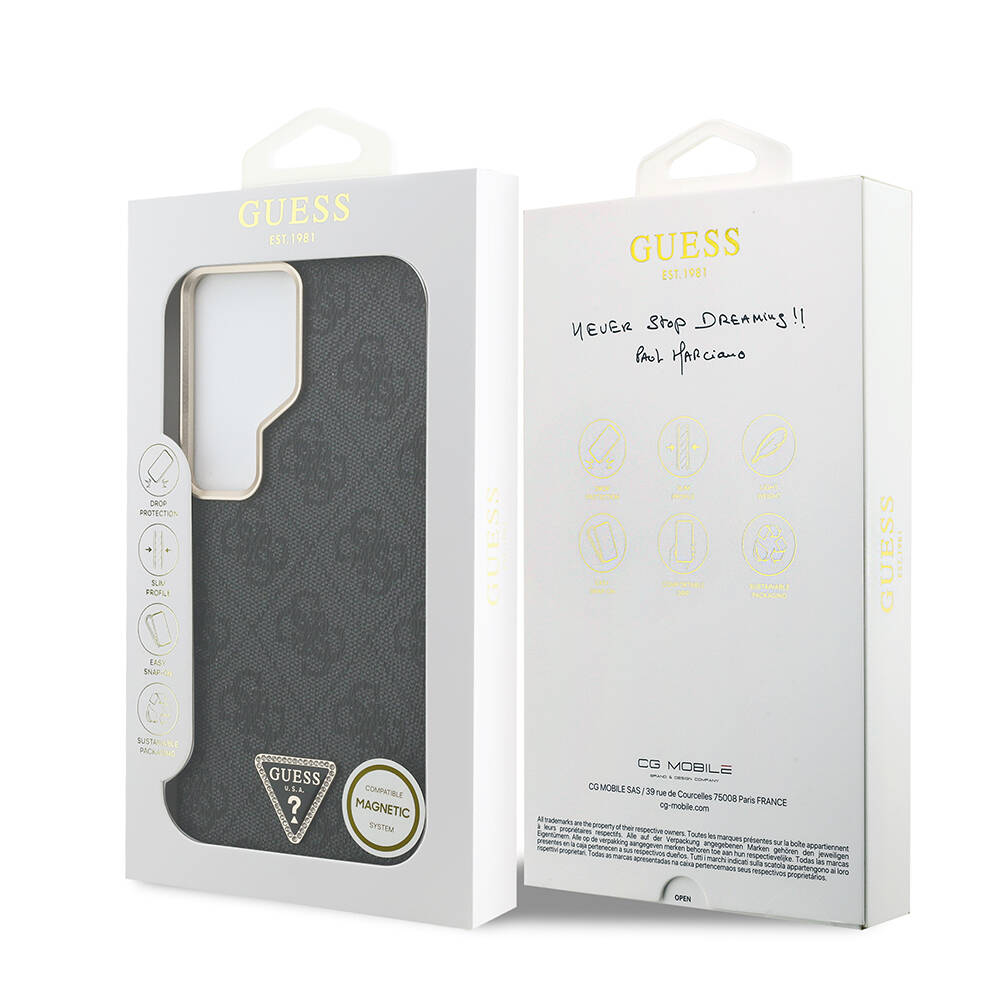 Galaxy S26 Ultra Kılıf Guess Orjinal Lisanslı M-safe Şarj Özellikli Gold Metal Kamera Çerçeveli Taşlı Üçgen Logo 4G Desenli Kapak - 8