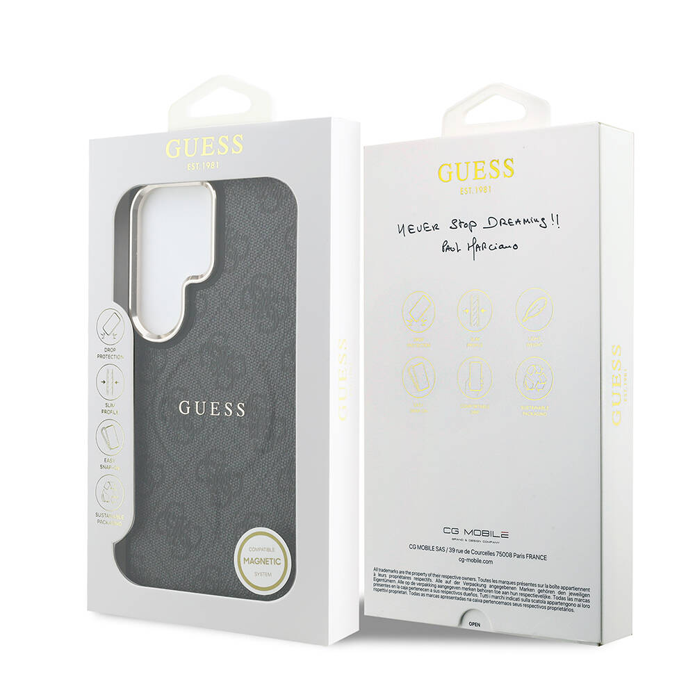 Galaxy S26 Ultra Kılıf Guess Orjinal Lisanslı M-safe Şarj Özellikli Metal Kamera Çerçeveli PU Deri 4G Desenli Yazı Logolu Kapak - 32