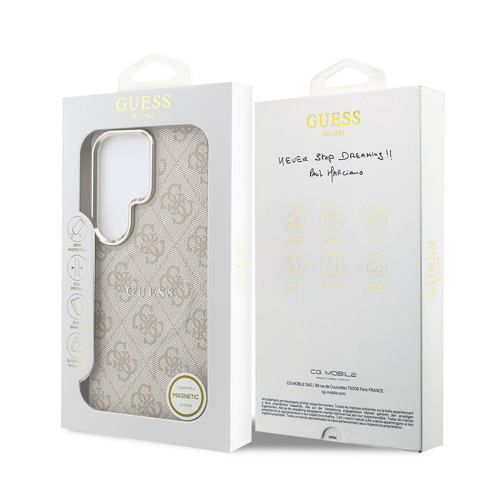 Galaxy S26 Ultra Kılıf Guess Orjinal Lisanslı M-safe Şarj Özellikli Metal Kamera Çerçeveli PU Deri 4G Desenli Yazı Logolu Kapak - 24