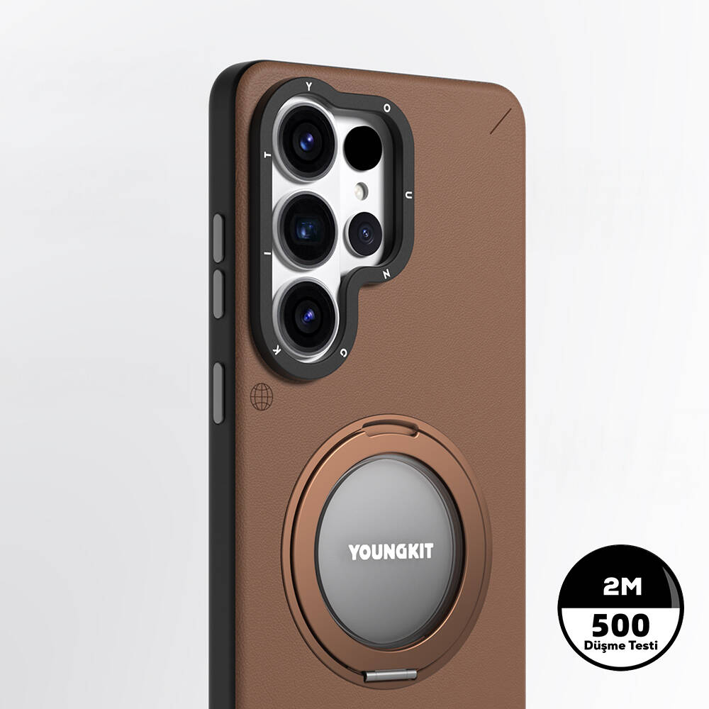 Galaxy S26 Ultra Kılıf M-safe Şarj Özellikli 360° Standlı Basit Mat Deri Desenli Youngkit Tech Leather Serisi Kapak - 8
