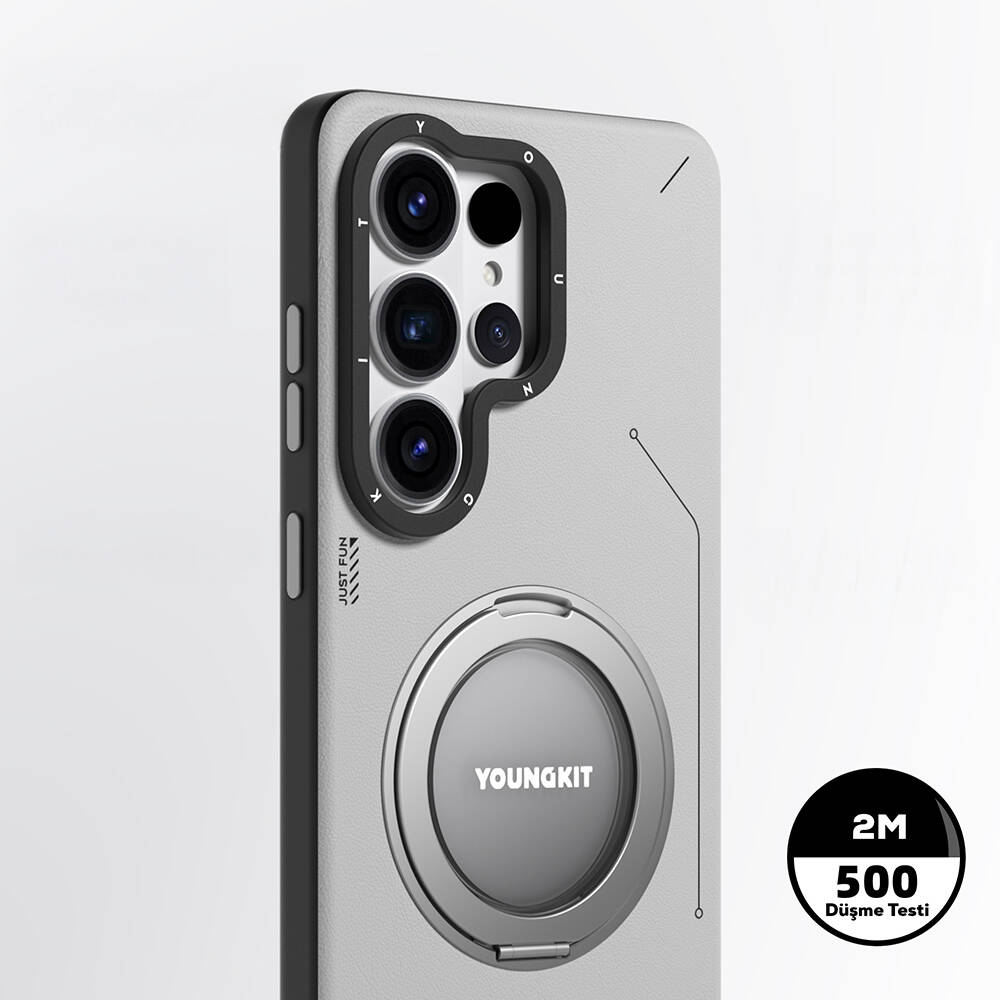Galaxy S26 Ultra Kılıf M-safe Şarj Özellikli 360° Standlı Basit Mat Deri Desenli Youngkit Tech Leather Serisi Kapak - 9