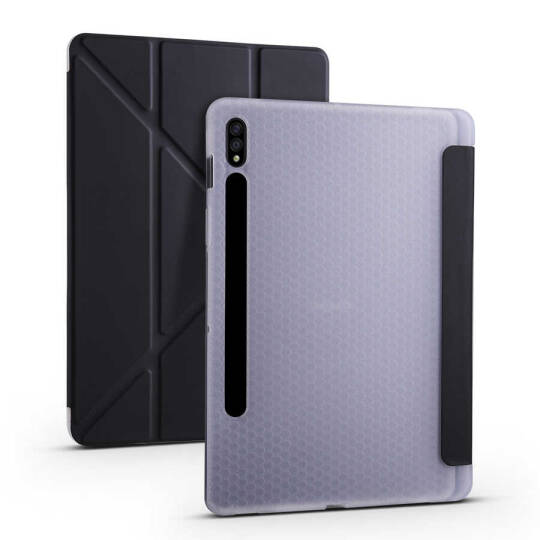 Galaxy Tab S7 Plus T970 Kılıf Zore Tri Folding Kalem Bölmeli Standlı Kılıf Siyah