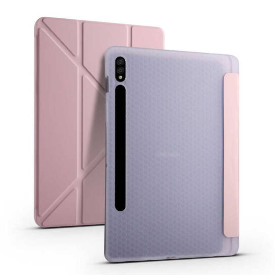 Galaxy Tab S7 Plus T970 Kılıf Zore Tri Folding Kalem Bölmeli Standlı Kılıf Rose Gold