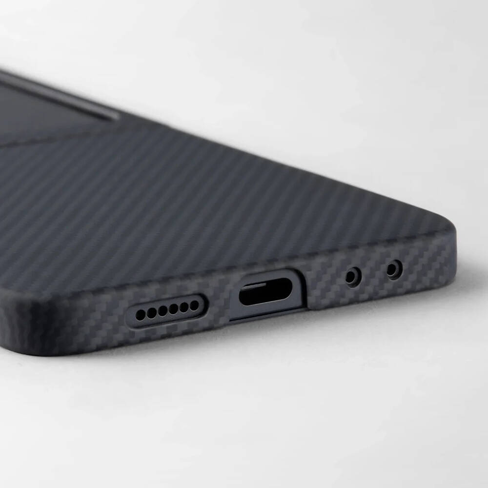 Galaxy Z Flip 7 Kılıf M-safe Şarj Özellikli 600D Aramid Karbon Fiber Pitaka Ultra-Slim Classic Serisi Black-Grey Twill Kapak - 5