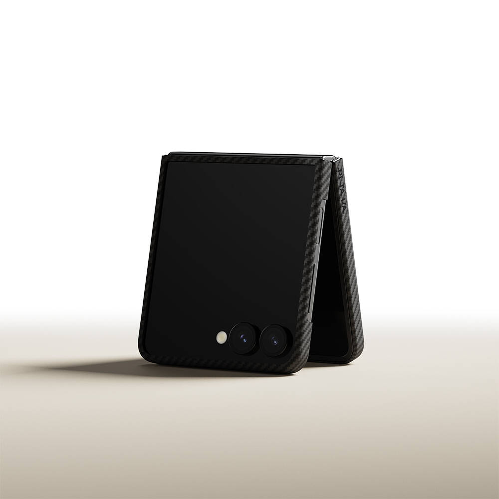 Galaxy Z Flip 7 Kılıf M-safe Şarj Özellikli 600D Aramid Karbon Fiber Pitaka Ultra-Slim Classic Serisi Black-Grey Twill Kapak - 7