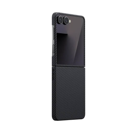 Galaxy Z Flip 7 Kılıf M-safe Şarj Özellikli 600D Aramid Karbon Fiber Pitaka Ultra-Slim Classic Serisi Black-Grey Twill Kapak