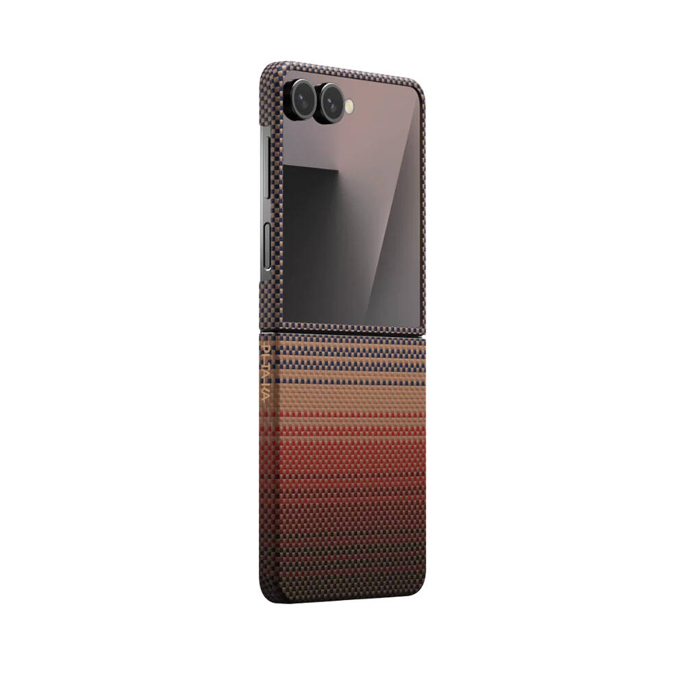 Galaxy Z Flip 7 Kılıf M-safe Şarj Özellikli Aramid Karbon Fiber Pitaka Tactile Woven Sunset-Moonrise Serisi Kapak - 1