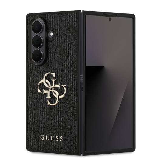 Galaxy Z Fold 7 Kılıf Guess Orjinal Lisanslı PU Deri Büyük Metal Logo Dizaynlı Kapak Siyah