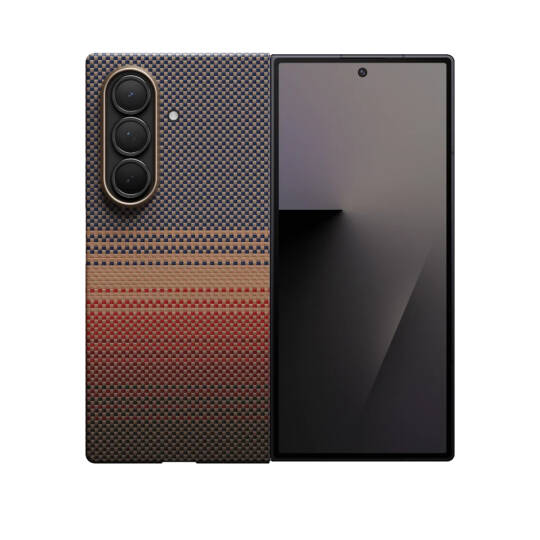 Galaxy Z Fold 7 Kılıf M-safe Şarj Özellikli Aramid Karbon Fiber Pitaka Tactile Woven Sunset-Moonrise Serisi Kapak - 4