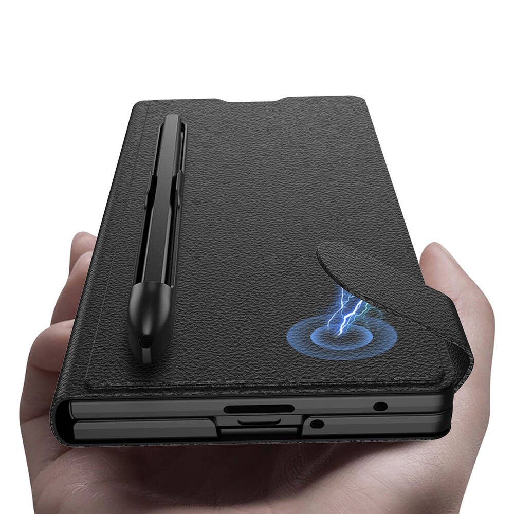 Galaxy Z Fold 7 Suni Deri Tasarımlı Kalem Bölmeli Zore Kıpta Kartlıklı Standlı Kapak - 3