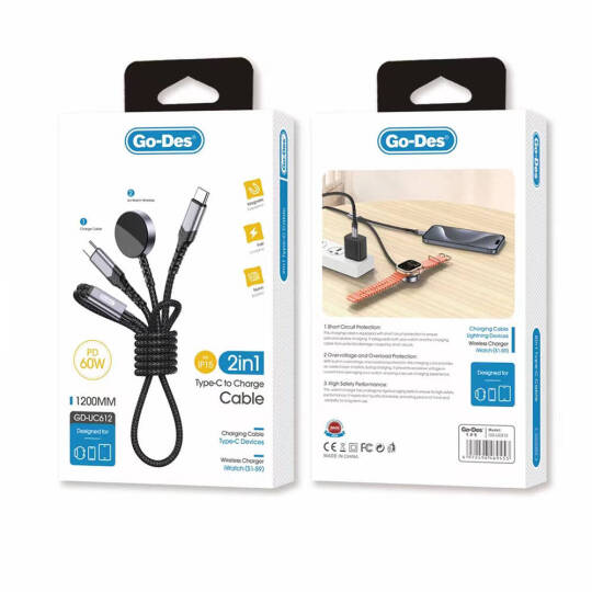 Go Des GD-UC612 2in1 iOS Watch Uyumlu Wireless Type-C PD Hızlı Şarj Kablosu 60W 1.2M - 3