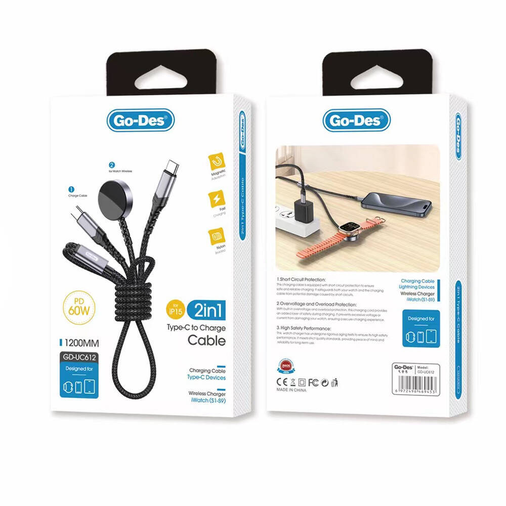 Go Des GD-UC612 2in1 iOS Watch Uyumlu Wireless Type-C PD Hızlı Şarj Kablosu 60W 1.2M - 3